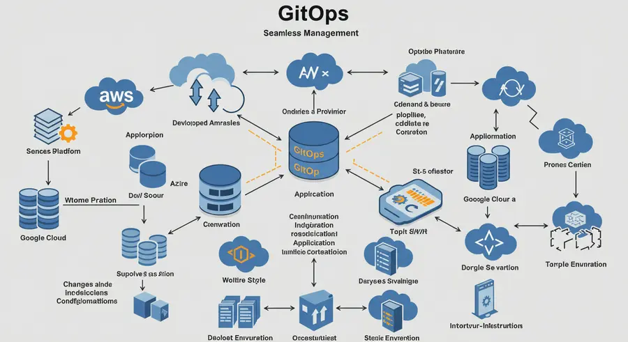Diagram illustrating GitOps workflow managing applications across multiple cloud providers and on-premise data centers.